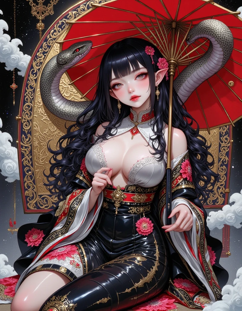 ((UHD, masterpiece, anatomically correct, textured skin, super detail, high details, best quality,  highres icon, Detailed and precise manual expression:1.3,  Incredibly Absurd )), 1woman\Beautiful black hair\Ruby-red eyes, Voluptuous body line\A woman in a kimono with a giant snake wrapped around her body\Beautifully embroidered continental china dress, Elf long ears, Gloss Lip, Her chest is exposed, Beautiful hairpin, Holding a Japanese umbrella, Continental patterns and backgrounds. Riding on a gorgeous portable shrine