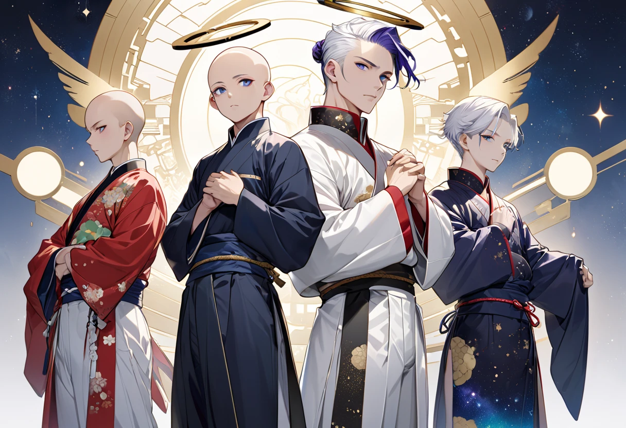 Fresh illustration,
Ultra-fine drawing,
Very delicate illustration,
Very fine details,
One boy,
Full body,
Standing motionless,
Both arms slightly bald,
Height 158cm,
Fair skin,
Right eye is purple,
Left eye is blue,
Odd eyes,
Heterochromie iris,
Beautiful eyes,
Large black pupils,
Slicked back hairstyle,
Short hair,
Blue roots and white hair elsewhere,
Gradient hair,
Shiny hair,
Cute face,
Pretty face,
Shiny halo on back of head,
Raised eyebrows,
Kimono upper body,
Japanese clothing upper body,
Masculine build,
Six pack,
Very small breasts,
No breasts,
Chinese dress lower body,
Black obi,
White clothes overall,
Stylish with gold thread Embroidered,
Clothes made of high-quality fabric,
Jock straps,
Thigh straps,
Thigh straps digging into the skin,
White long boots,
Japanese-style toes,
Five fingers on hands and toes,
Thin waist,
Thin legs,
Isometric,
Golden ratio,
Divine atmosphere,
Wearing an indigo-colored stand-up collared inner,
Outer space,
Galaxy,
Countless small stars,
Tactical use of shadows,
Hairbands on head and hair do not extend beyond the frame,
Clothes do not extend beyond the frame,