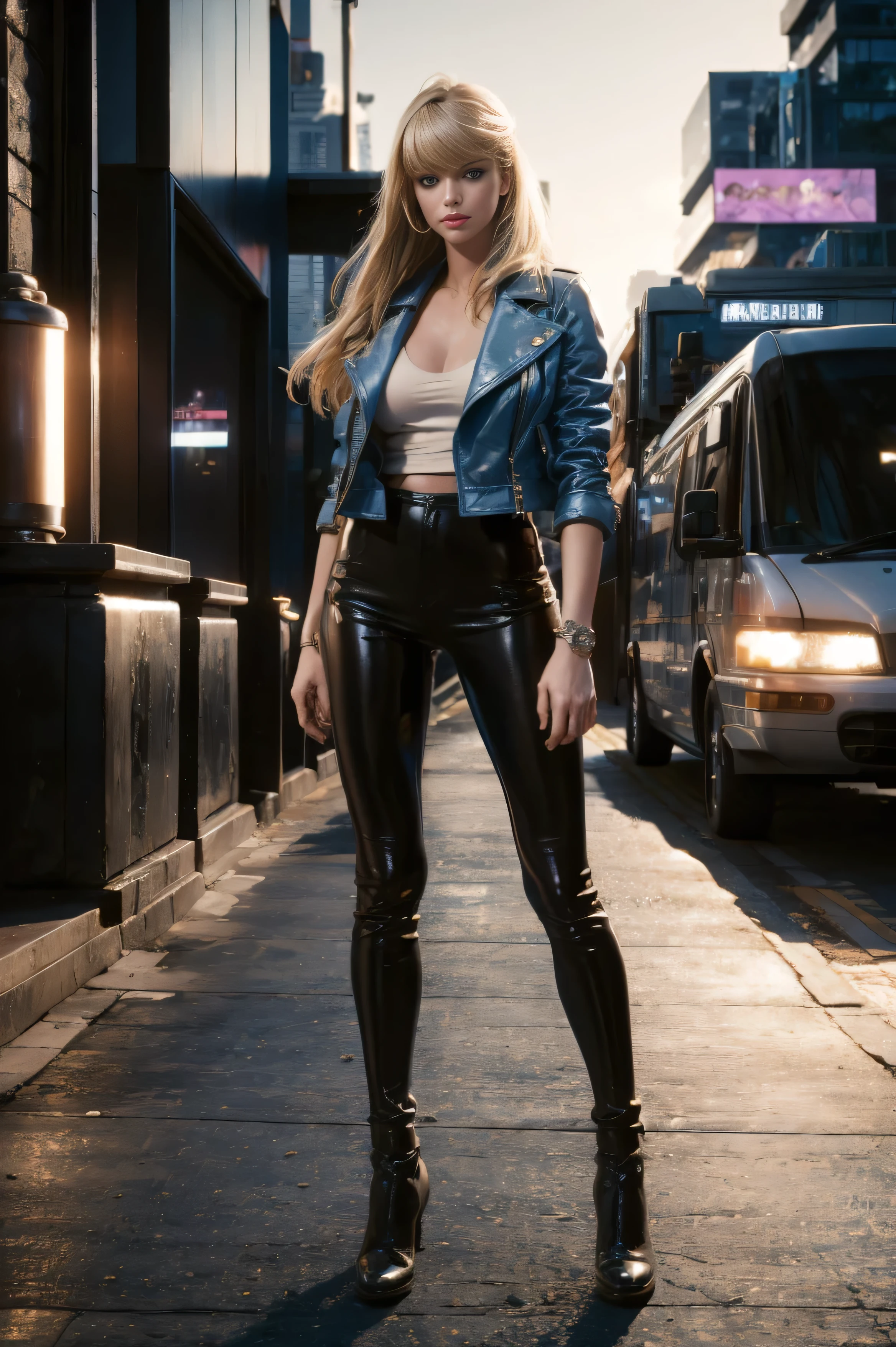 full body Realism, a 22 - year - old girl, long blonde hair, bangs falling on her face,blue eyes, beautiful hairstyle, gig breast, light makeup, dressed in a leather jacket, tight leather pants, beautiful shoes on her feet, evening city street in the background, high detail appearance, high detail hairstyle, high detail environment, high detail background, in the background is a modern city, the photo was taken with a photorealistic SLR camera, resolution full hd, 8K