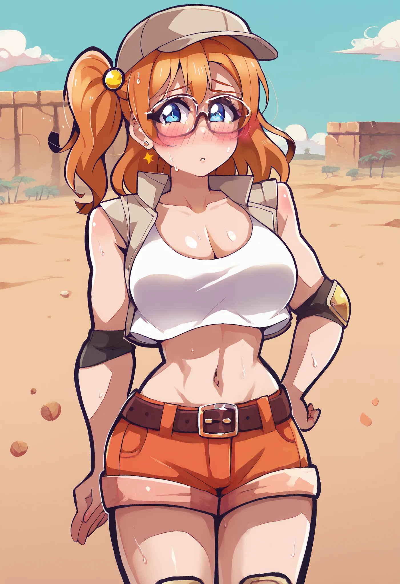 (Masterpiece, Best Quality, High Quality), anime style, , love live,kousaka honoka , kousaka honoka,id_honoka_kosaka,love live, blue eyes, orange hair, glasses, medium hair, ponytail, crop top, hat, jacket, knee pads, short shorts, sleeveless, navel, belt,8k wallpaper, looking at viewer, earrings, outdoors, erotic figure, (blushing:1.2) , sweating, big breasts, cleavage,dbp, desert city, holding gun