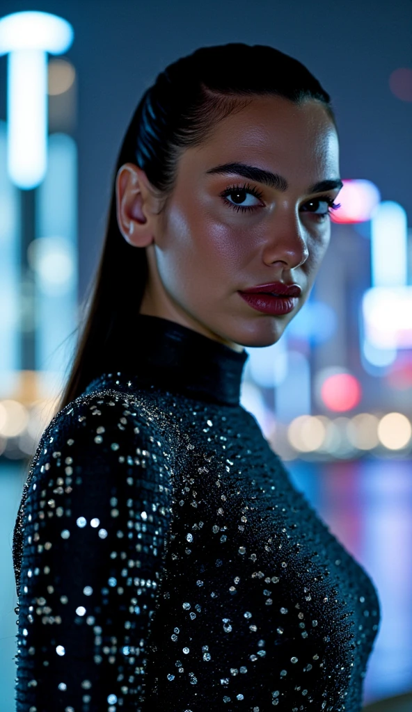 wearing a turtle neck sweater,  Close-up photo of a woman with cyberpunk-inspired skin tones and intricate circuitry patterns, wearing sleek and futuristic mech armor that highlights her glamorized features, standing in front of a high-tech cityscape at night.