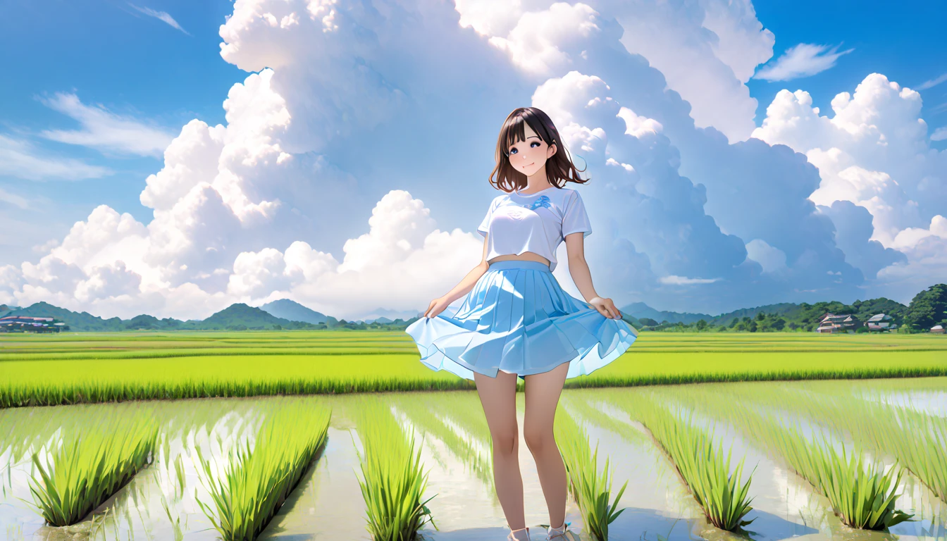  high school girl、 Short-sleeved plain shirt   、   with rice paddies stretching all the way to the horizon 、   lift the skirt with both hands　、　I have a light blue miniskirt   、Clear sky and cumulonimbus clouds    