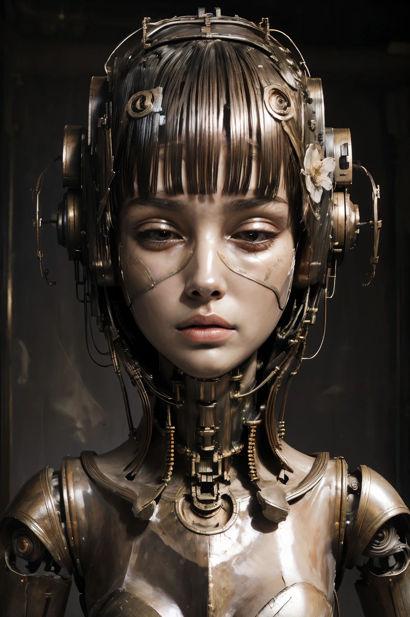 (masterpeace), ((super real photography: 1.5)), ((photo realistic: 1.3)), (real photo), 
young girl with a lot of flowers, ((A young girl robot: 1.5)),  (bust statue), 
BREAK
headgear, ((real metalic skin)), ((beautiful face: 1.5)), ((Super cute: 1.5)), ((babyface: 1.5)), ((well-balanced face)), (close eyes: 1.3)), longeyelashes, stunning big eyes, luscious glossy lips, ((blunt bangs: 1.5)), (long hair), 
BREAK
(slender body: 1.3), petite bust, flower bloom, (flowers: 1.5),
BREAK
High-Mechanic body, octane rendering, Super Detailed machine, ((connected electric cables)), 
BREAK
(simple background: 1.3), ((bust shot: 1.3)), cinema quality, professional photograph, (photo studio: 1.5), (Bright Light: 1.2), Eye-Level Shot, wide lens, (fujifilm 35mm), (film photo), RAW, Excessive Embellishment, UHD, 
BREAK
anatomically correct, textured skin, best quality, 8k