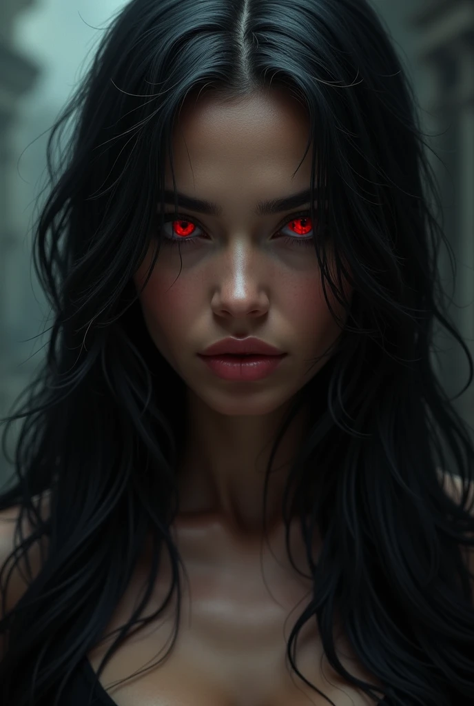 A woman with red skin,and face red Latin features, long black syraight hair with a streak of pure gold and long phosphorescent green almond eyes with black sclerptic in a realistic dark fantasy villain,knife scars on the face already healed