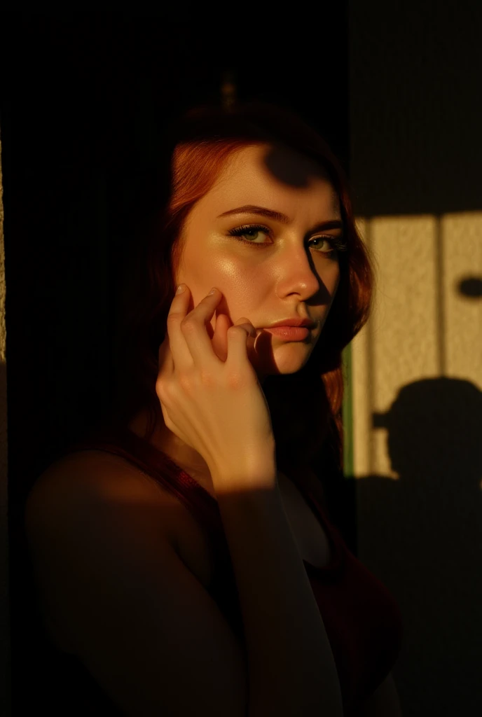 Phenomenal photographic portrait in the ruins. , canon 3.5mm, f1.6, of an average, red hair woman about looking into the camera. Her face is partially lit and her gaze on the viewer is full of tension. There is semi-darkness, but sunlight enters the room and illuminates the right side of her face. The light is found, low key, set to a wide F1.5 aperture, .  Rays of light, strong chiaroscuro, rembrandt light