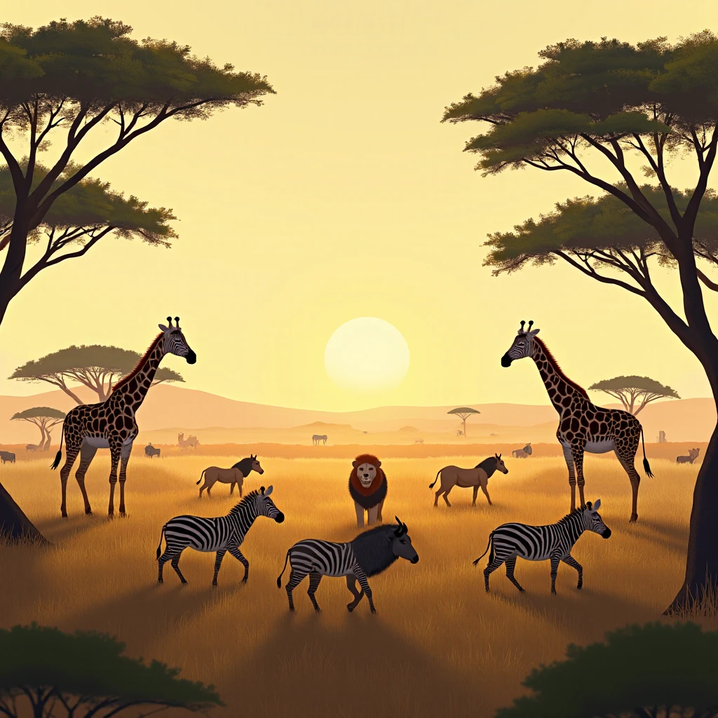 Picture a vast, grassy plain dotted with acacia trees. Zebras and wildebeests graze peacefully, while giraffes stretch their long necks to reach the leaves of the acacia trees. Lions stalk their prey from the tall grasses, their eyes gleaming in the sunlight. The air is warm and dry, filled with the sound of insects and the distant roar of a lion.