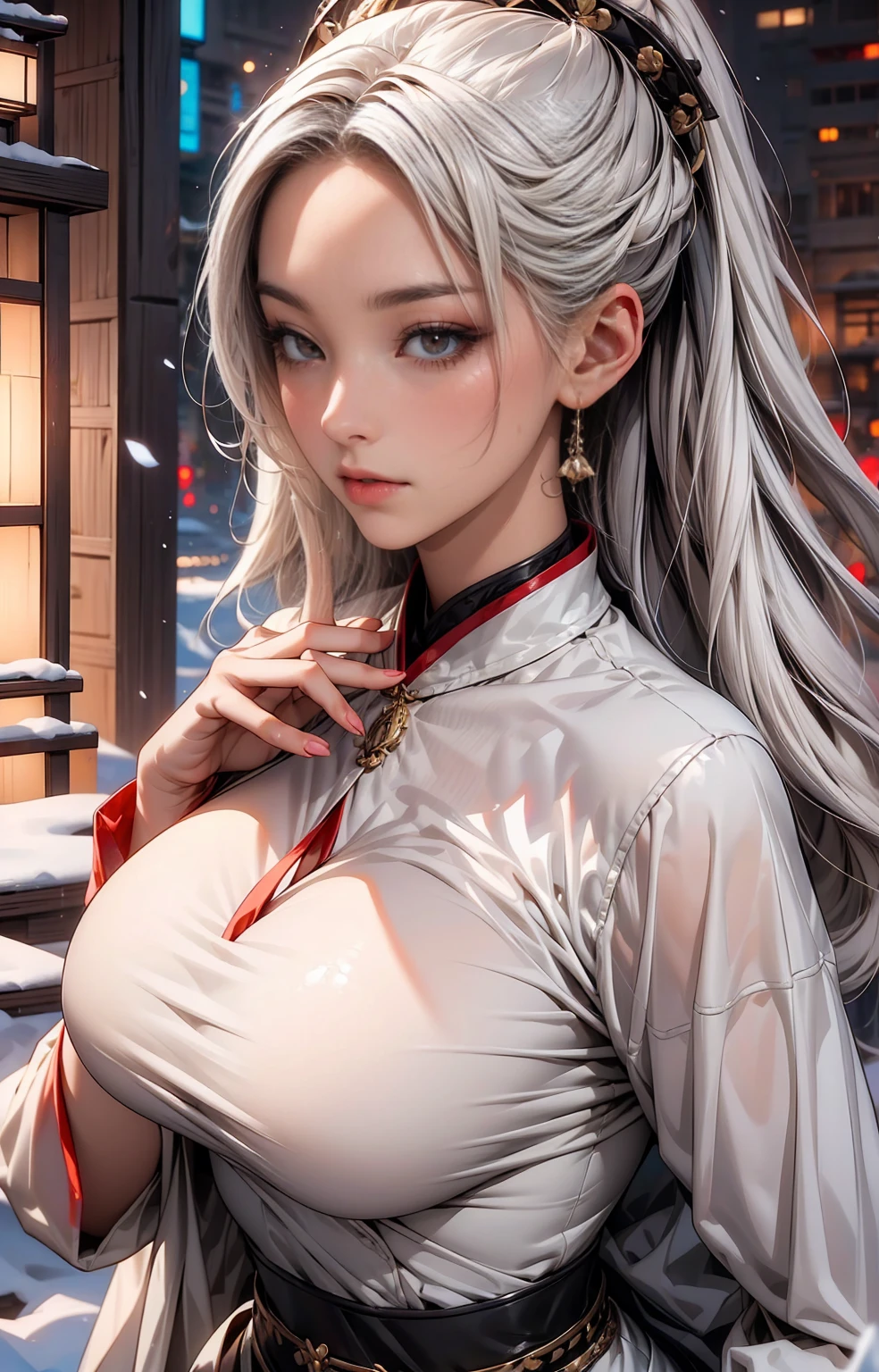 Make an Asian woman with white hair and gray eyes