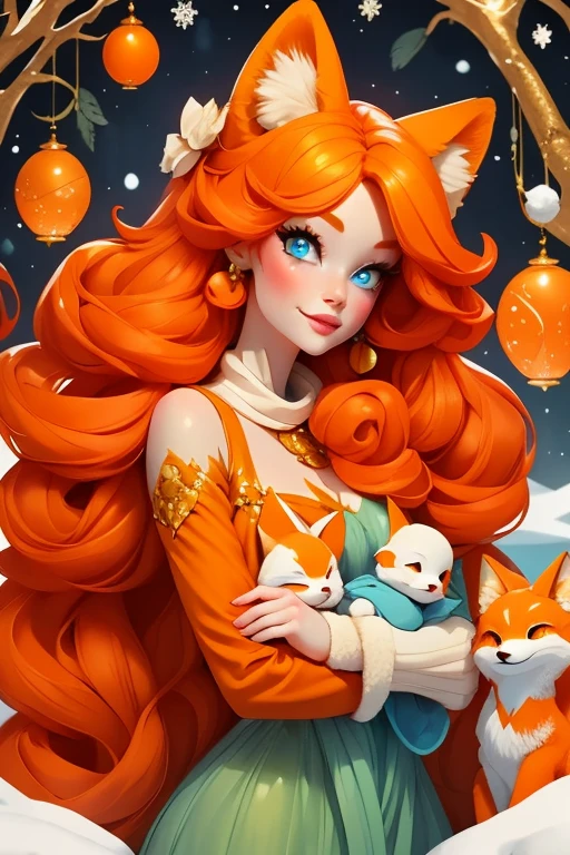 Perfect face. Perfect hands. An orange haired woman with one blue eye and one green eye with an hourglass figure with an orange fox tail and orange fox ears in a pretty winter wonderland dress is smiling while holding a baby fox in a winter wonderland