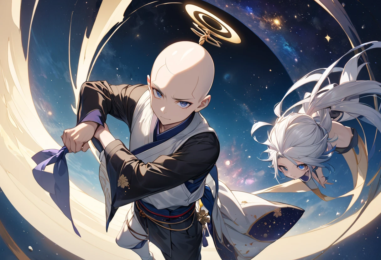 Fresh illustration,
Ultra-fine drawing,
Very delicate illustration,
Very fine details,
One boy,
Full body,
Standing motionless,
Both arms slightly bald,
Height 158cm,
Fair skin,
Right eye is purple,
Left eye is blue,
Odd eyes,
Heterochromie iris,
Beautiful eyes,
Large black pupils,
Slicked back hairstyle,
Short hair,
Blue roots and white hair elsewhere,
Gradient hair,
Shiny hair,
Cute face,
Pretty face,
Shiny halo on back of head,
Raised eyebrows,
Kimono upper body,
Japanese clothing upper body,
Masculine build,
Six pack,
Very small breasts,
No breasts,
Chinese dress lower body,
Black obi,
White clothes overall,
Stylish with gold thread Embroidered,
Clothes made of high-quality fabric,
Jock straps,
Thigh straps,
Thigh straps digging into the skin,
White long boots,
Japanese-style toes,
Five fingers on hands and toes,
Thin waist,
Thin legs,
Isometric,
Golden ratio,
Divine atmosphere,
Wearing an indigo-colored stand-up collared inner,
Outer space,
Galaxy,
Countless small stars,
Tactical use of shadows,
Hairbands on head and hair do not extend beyond the frame,
Clothes do not extend beyond the frame,