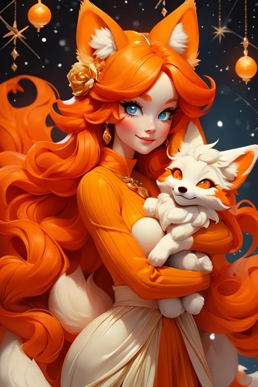 Perfect face. Perfect hands. An orange haired woman with one blue eye and one green eye with an hourglass figure with an orange fox tail and orange fox ears in a pretty winter wonderland dress is smiling while holding a  fox in a winter wonderland