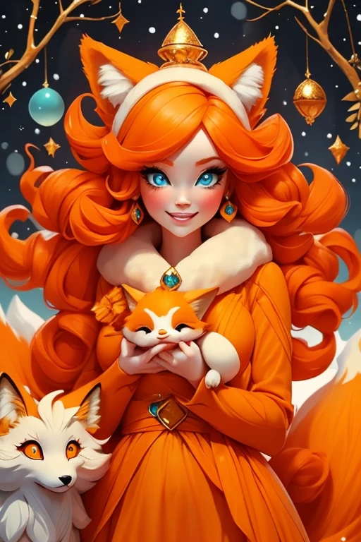 Perfect face. Perfect hands. An orange haired woman with one blue eye and one green eye with an hourglass figure with an orange fox tail and orange fox ears in a pretty winter wonderland dress is smiling while holding a  fox in a winter wonderland