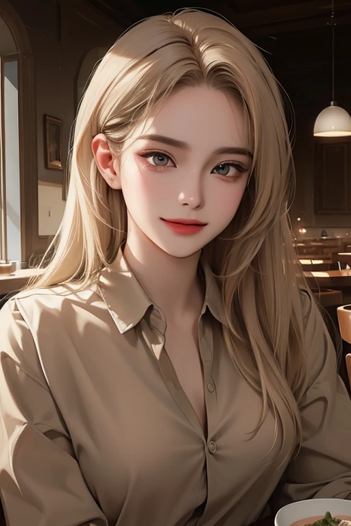 upper body,(best quality, ((masterpiece)), beautiful detailed Eyes, 8K resolution, cinematic lighting,detailed clothes,Semi-realistic),1 woman,((25-year-old)),smile,(deep beige hair),long straight hair, black collared shirts, in the cafe