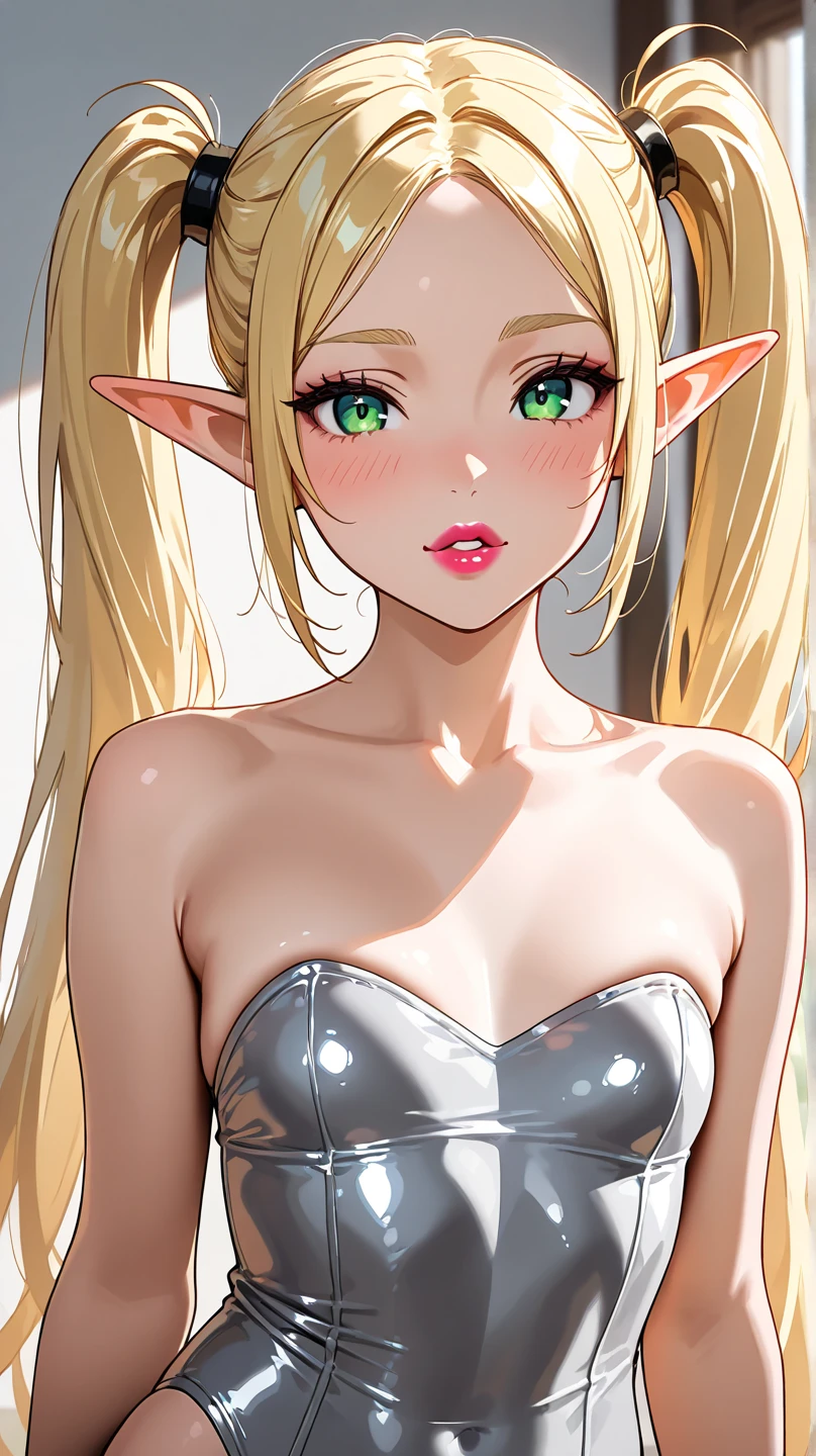Please follow the all prompts below exactly and faithfully, This is a masterpiece of the most beautiful digital illustrations in the highest quality with maximum resolution, UHD, 512K, 2160p, 10 million ppi, 300 million dpi, natural tones, created with ultra-clear details, the highest realistic skin and hair texture, the most beautiful detailed eye features, a perfect anatomically correct human body, a beautiful background with depth, the rule of thirds, depth of field, and the best and most beautiful natural lighting, 1woman, 25years old, beautiful face sharp, elf, Ultimate perfect body style, beautiful big breasts, highly upturned breasts, blonde hair, short hair, twintail, beautiful green eyes, glossy very thick lips:0.7, pink lipstick:0.7, sexy smile, shiny pink clothes, sexy lingerie:1.5, intricately designed lace, Heavy use of mesh, on the bed,

