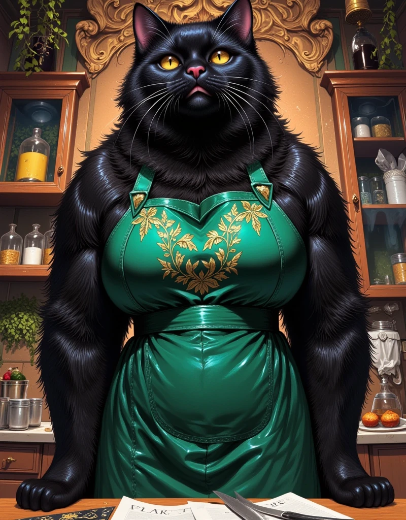 A huge black cat wearing a green apron