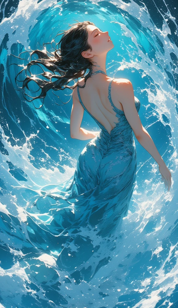 a woman dressed in a backless ballroom dress, the dress is made out of water, water wave surround the image, the woman close her eyes and enjoys the serenity