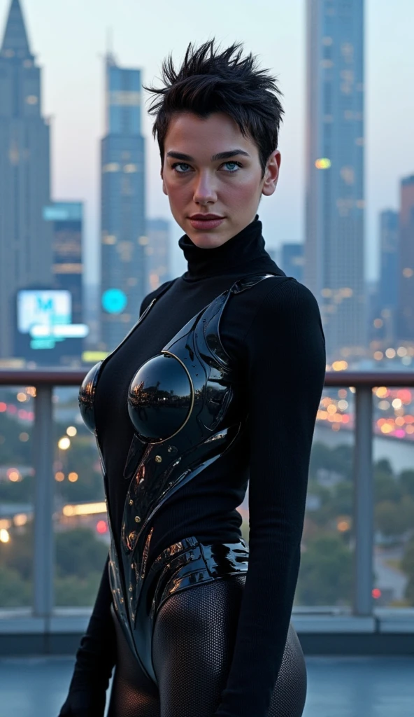 wearing a turtle neck sweater,  Portrait of a young woman with glowing blue eyes and short, spiky hair, dressed in a high-tech jumpsuit with metallic accents, looking directly at the camera with a confident smile as she stands on a rooftop overlooking a sprawling metropolis, with a cityscape lit up by holographic advertisements and skyscrapers.