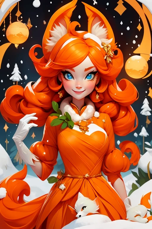 Perfect face. Perfect hands. An orange haired woman with one blue eye and one green eye with an hourglass figure with an orange fox tail and orange fox ears in a pretty winter wonderland dress is smiling while holding a snowball  in a winter wonderland