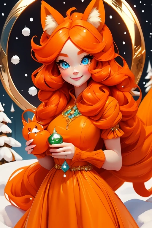 Perfect face. Perfect hands. An orange haired woman with one blue eye and one green eye with an hourglass figure with an orange fox tail and orange fox ears in a pretty winter wonderland dress is smiling while holding a snowball in a winter wonderland