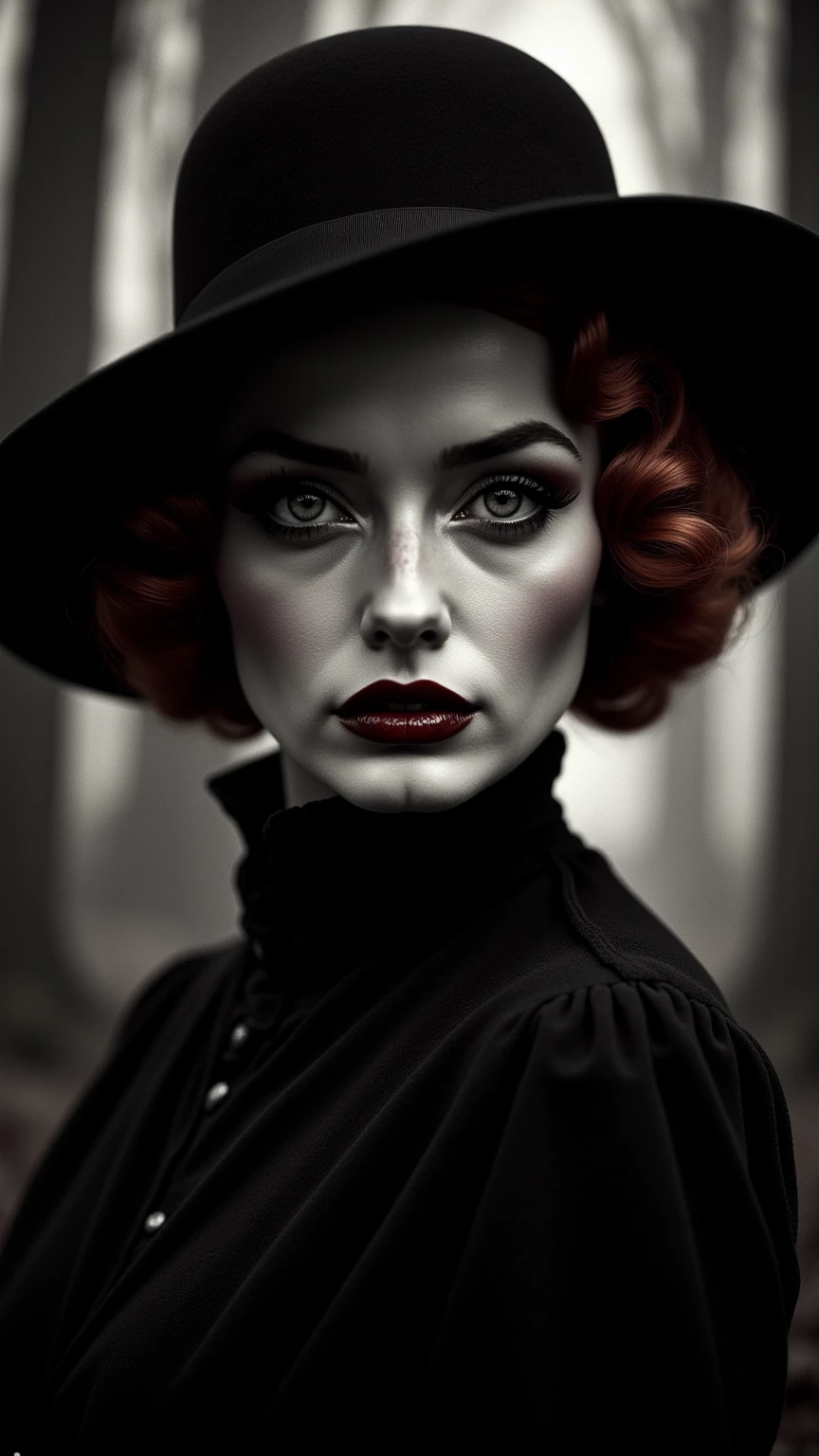 In a suspenseful and eerie 1900s-inspired black and white photograph, capture a close-up bust portrait of an astonishingly beautiful red-haired femme fatale. She wears a stylish 1920s dress and a wide-brimmed hat that adds an air of mystery. Her skin has a realistic tone, and her striking red lipstick contrasts vividly against her pale complexion.

Set her against a haunting backdrop that evokes a sense of horror, perhaps an abandoned mansion or a fog-laden forest. The atmosphere is thick with suspense, reminiscent of a Hitchcock film, blending dreamlike elements with an unsettling ambiance. Soft shadows play across her face, highlighting her enigmatic expression, making her both alluring and intimidating.
