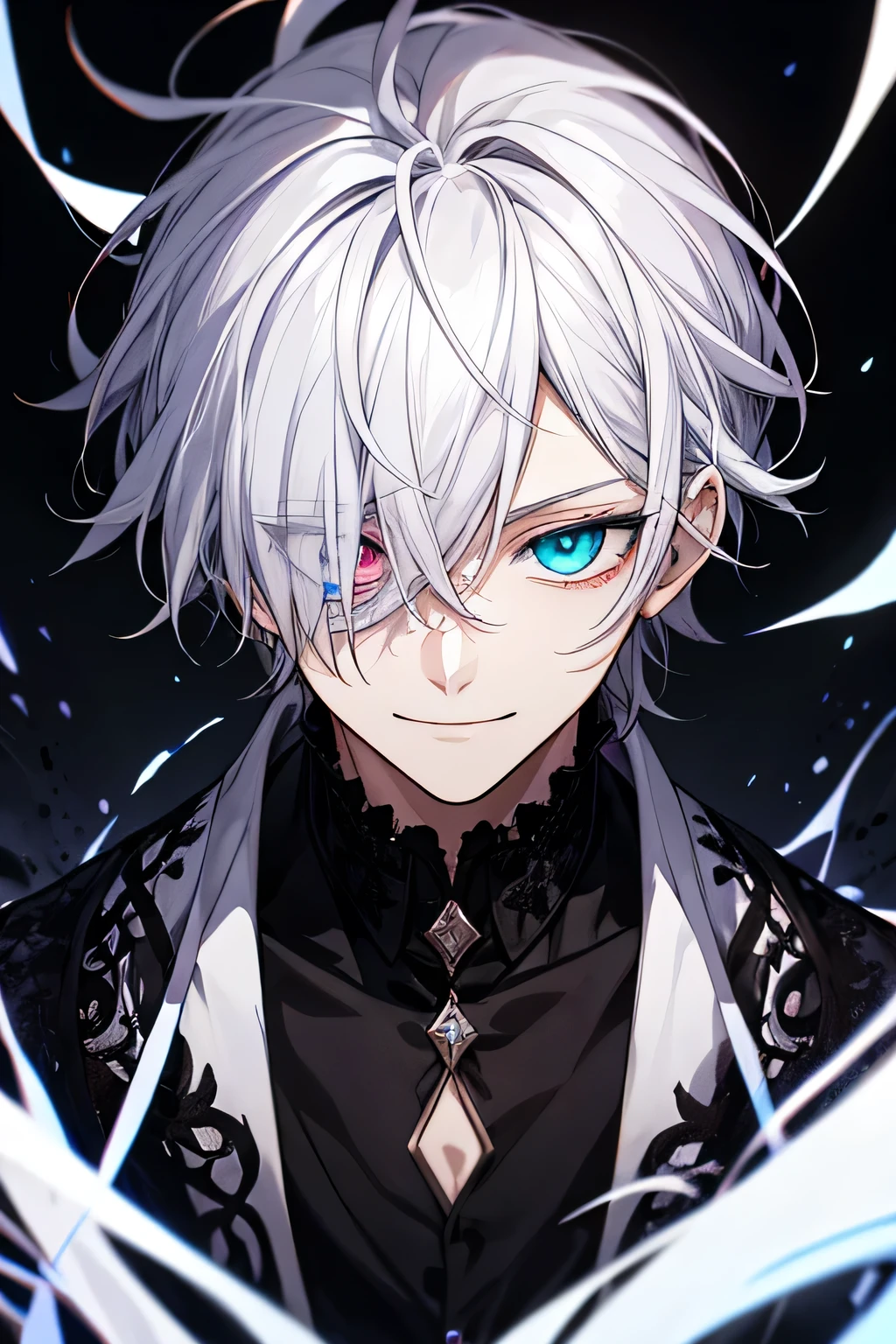 (looking at viewers), (black plain shirt), dark aura, (no accessories), (white hair:1.3), white hair, white, 1 boy