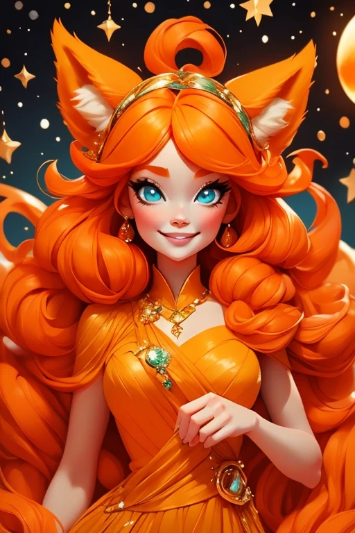 Perfect face. Perfect hands. An orange haired woman with one blue eye and one green eye with an hourglass figure with an orange fox tail and orange fox ears in a pretty winter wonderland dress is smiling while spinning in a winter wonderland