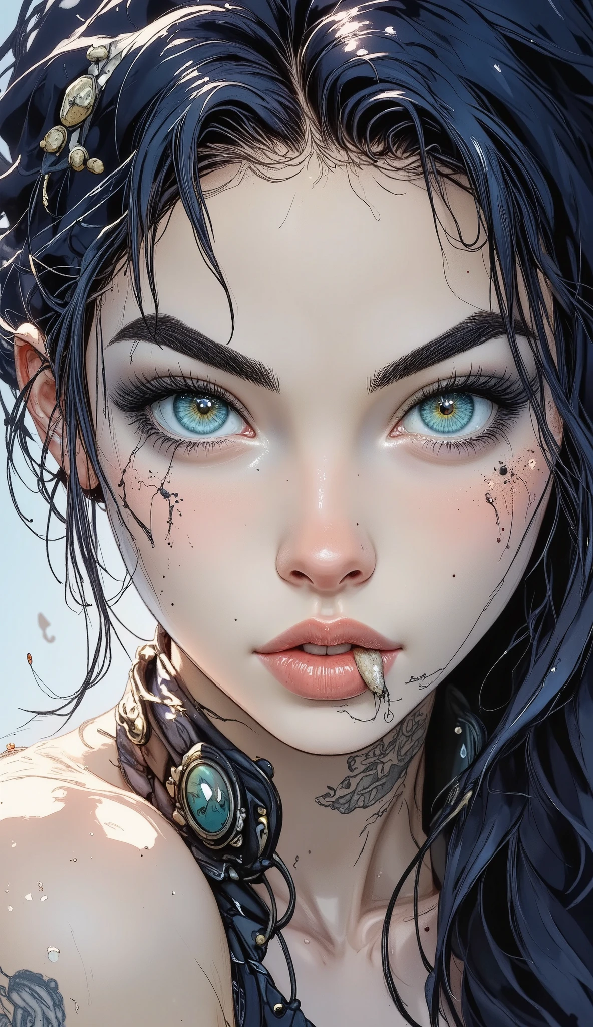 1,. Close-up of a beautiful girl's face, leather fang ,facial tattoo,nervous sweating,Band-Aid on the Nose,(spoken blush), Expressive,cold and scary , embodying darkness ,(( heart-shaped pupils )), high detail, cinematic lighting 