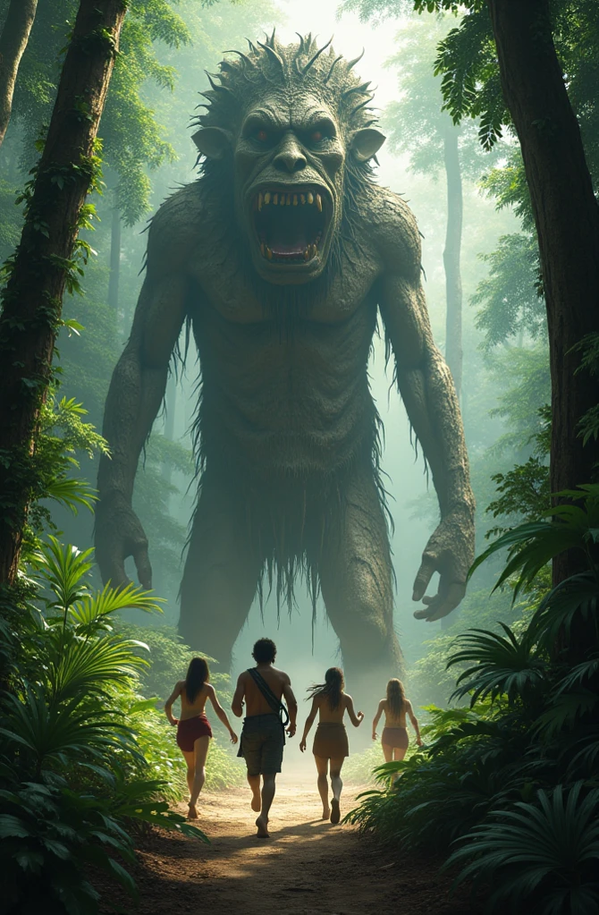 Make an Indian dressed in feathers and a stake running with a horrible black man with glasses and a white woman running from a fat cannibal woman 