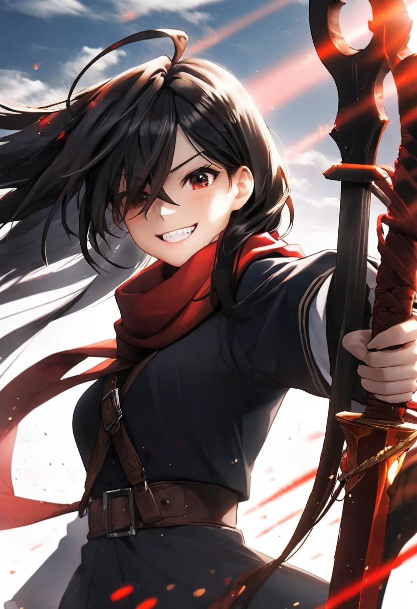 full body, 1girl, solo, strands of hair, eyes visible through hair, cinematic lighting, dynamic shading, long black hair, long bangs, long locks, holding a big claymore, wearing a red scarf, smiling with teeth, dynamic pose, dynamic perspective, white background