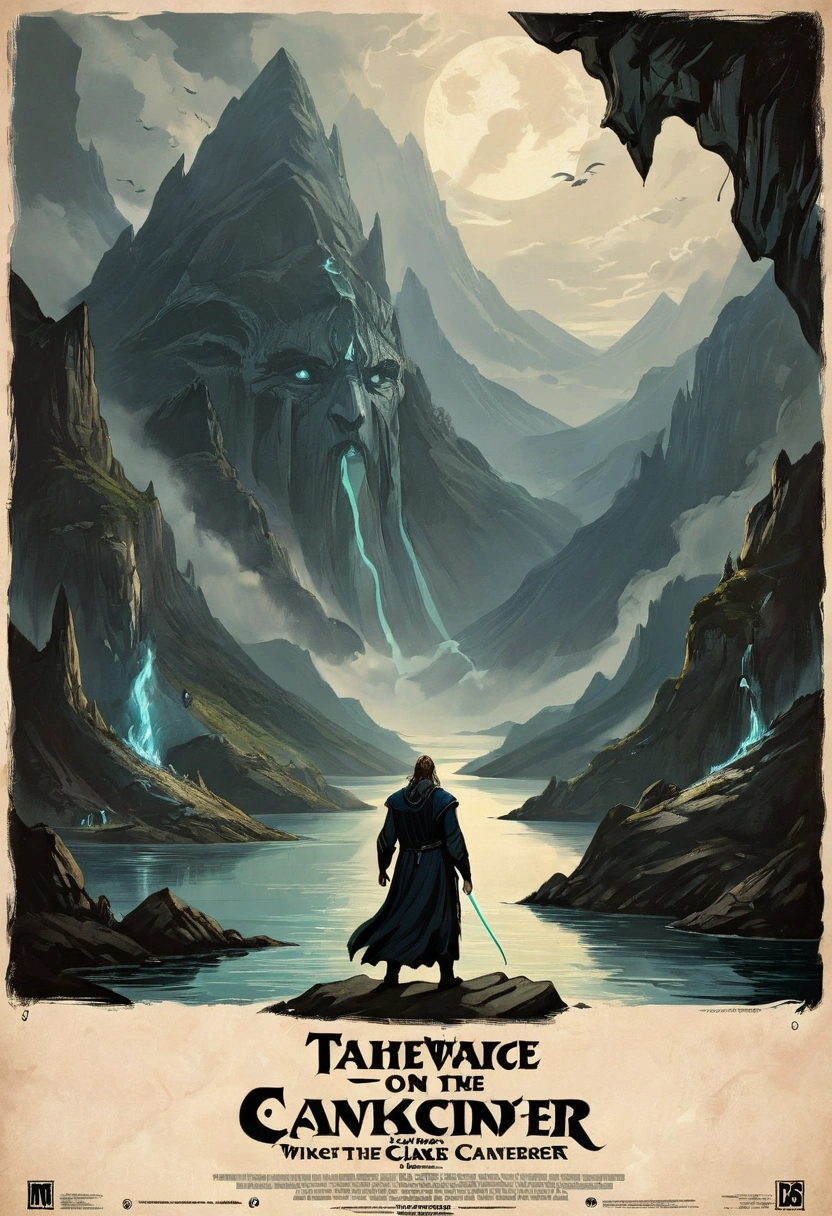 search poster  ,  simple sketch on parchment  ,  dark color painting ,  detailed facial features ,  sci-fi landscape, movie poster ,  cinematic ,  masterpiece fails, Mountains, lake, The Dark Sorcerer, magic scrolls ,  Cave entrance 