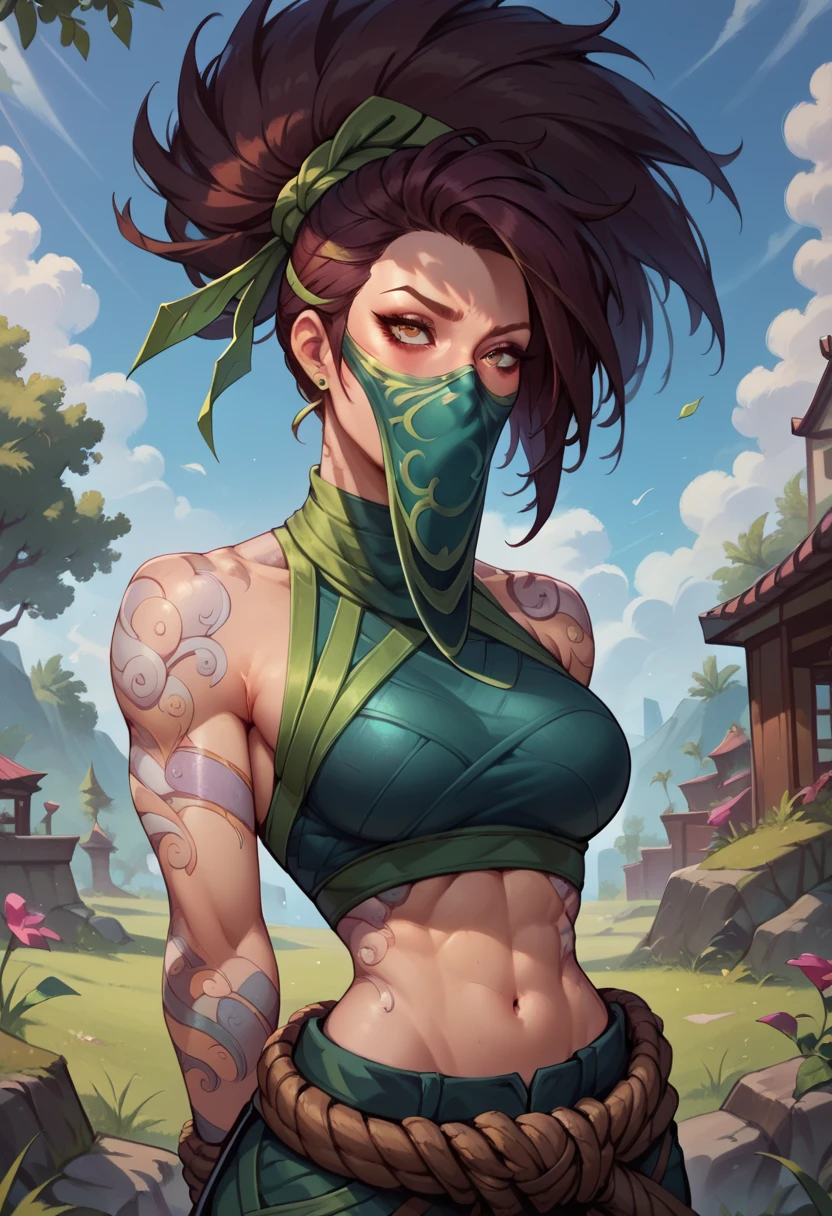 Akali league of legends, athletic body, her hair is long and black, always tied up in a high ponytail, without mask, ultra realisitic, tattoo on arm, beautiful face