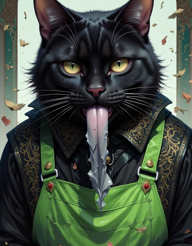 A huge black cat wearing a green apron, The tongue from the mouth is gray