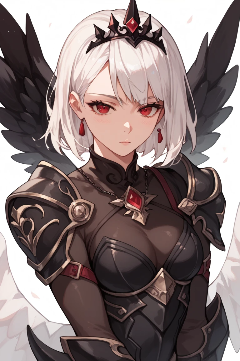 Woman, fair skin, red eyes, white hair, medium hair, black pointed tiara, black armor, anime style ,Wings