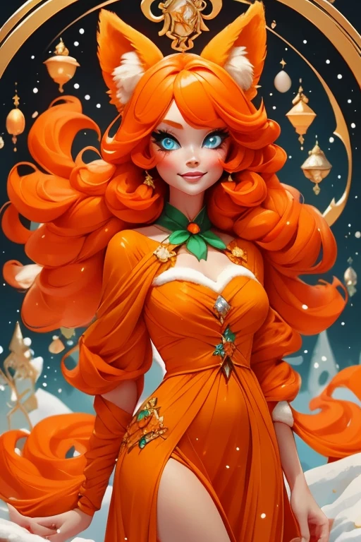 Perfect face. Perfect hands. An orange haired woman with one blue eye and one green eye with an hourglass figure with an orange fox tail and orange fox ears in a pretty winter wonderland dress is smiling while spinning in a winter wonderland