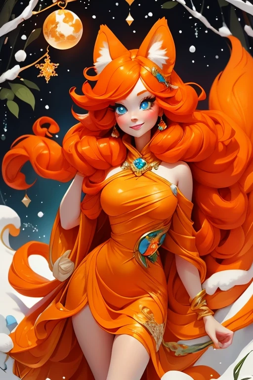 Perfect face. Perfect hands. An orange haired woman with one blue eye and one green eye with an hourglass figure with an orange fox tail and orange fox ears in a pretty winter wonderland dress is smiling while spinning in a winter wonderland