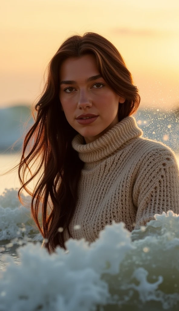 wearing a turtle neck sweater,  Close-up photo of a woman riding a wave on a coastal beach during a serene sunset, with a stunning oceanview behind her, long hair blown back by the wind, looking directly at the camera with a peaceful expression, detailed texture and shading to capture the movement of the water, warm golden light.