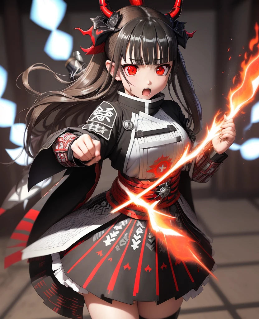 anime girl,  light brown hair , gray eyes , Haori white with fire patterns in black,  kimetsu no Yaiba , Fantasy, pointing a pistol , Alone, magic, shining red fogoflies, ,  better quality,  face and eyes, white fire,  ((((do fogo from demon slayer))))