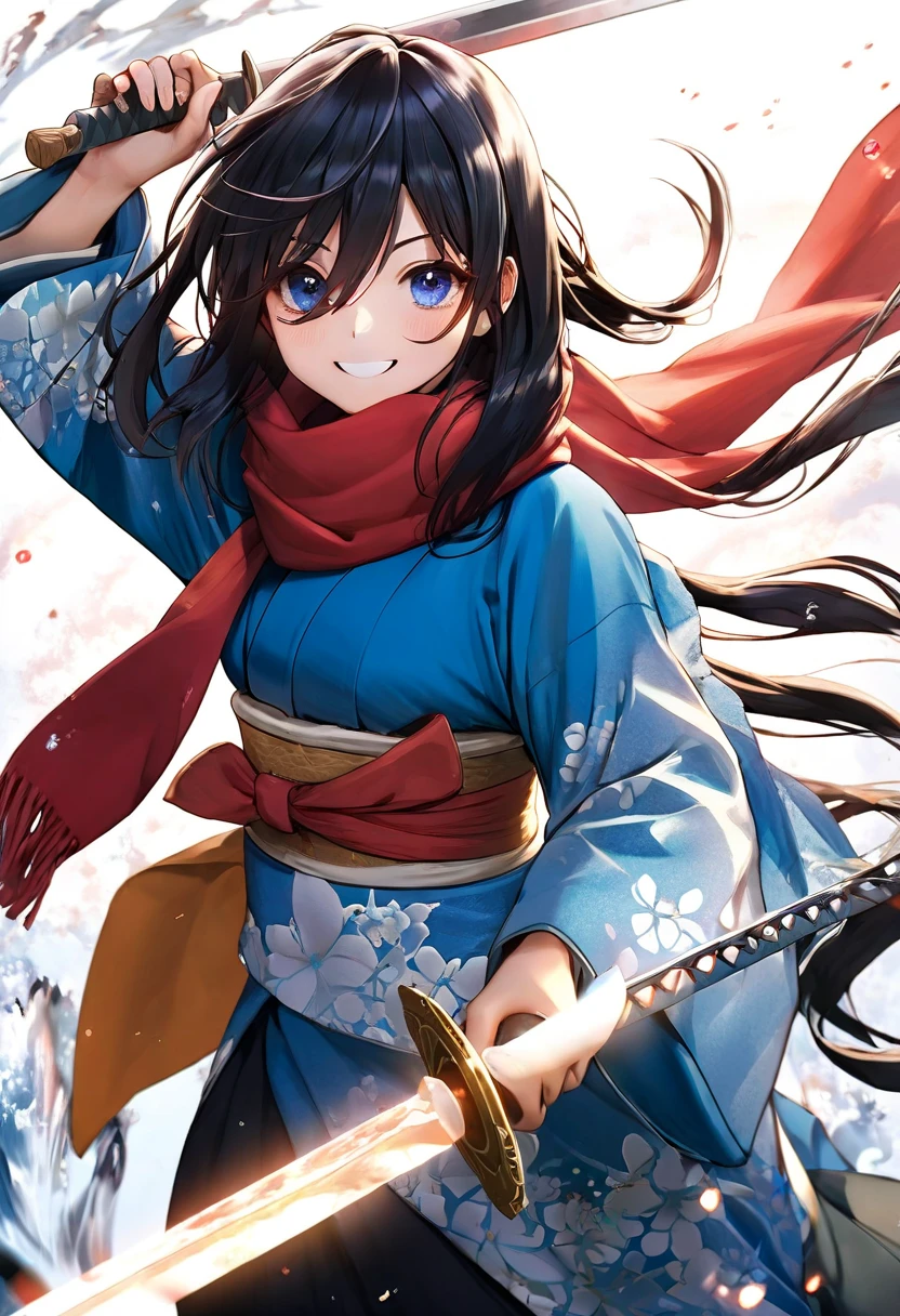 full bpdy, 1girl, solo, strands of hair, eyes visible through hair, cinematic lighting, dynamic shading, long black hair, long bangs, long locks, holding a big claymore, wearing a red scarf, blue kimono, smiling with deeth, dynamic pose, dynamic perspective, white background, fisheye perspective