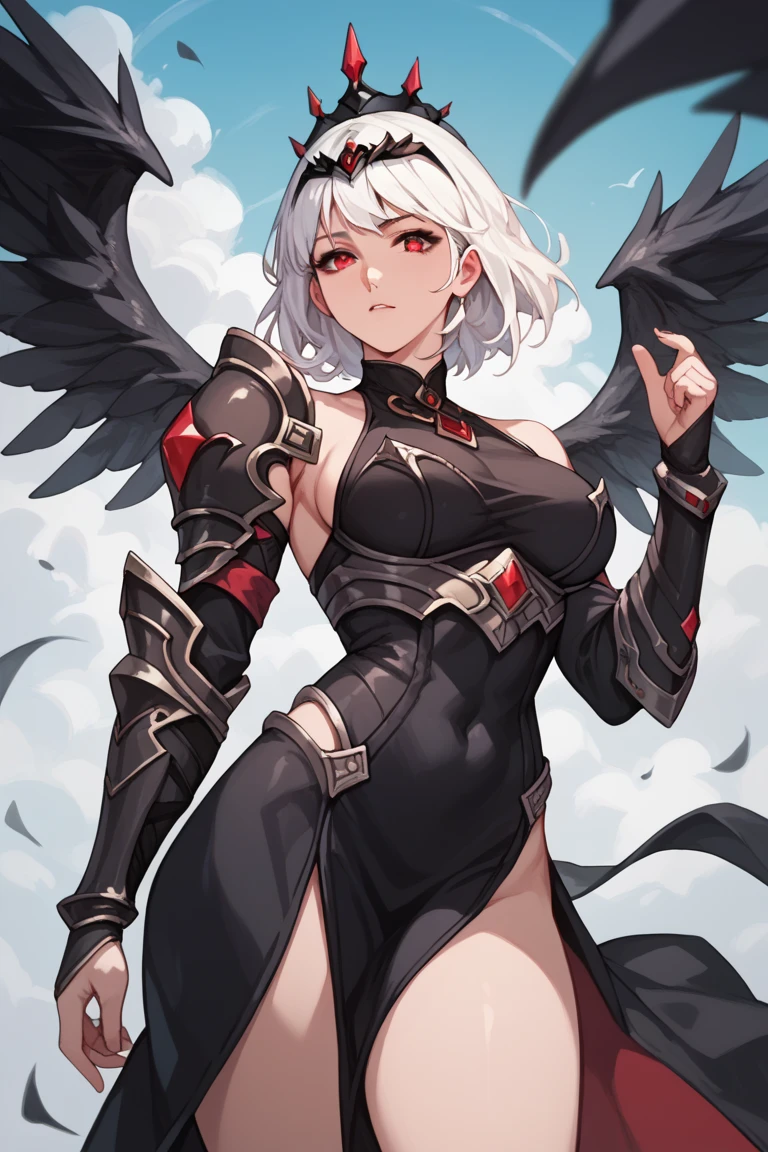 Woman, fair skin, red eyes, white hair, medium hair, black pointed tiara, black armor, anime style ,Wings,Curvy body