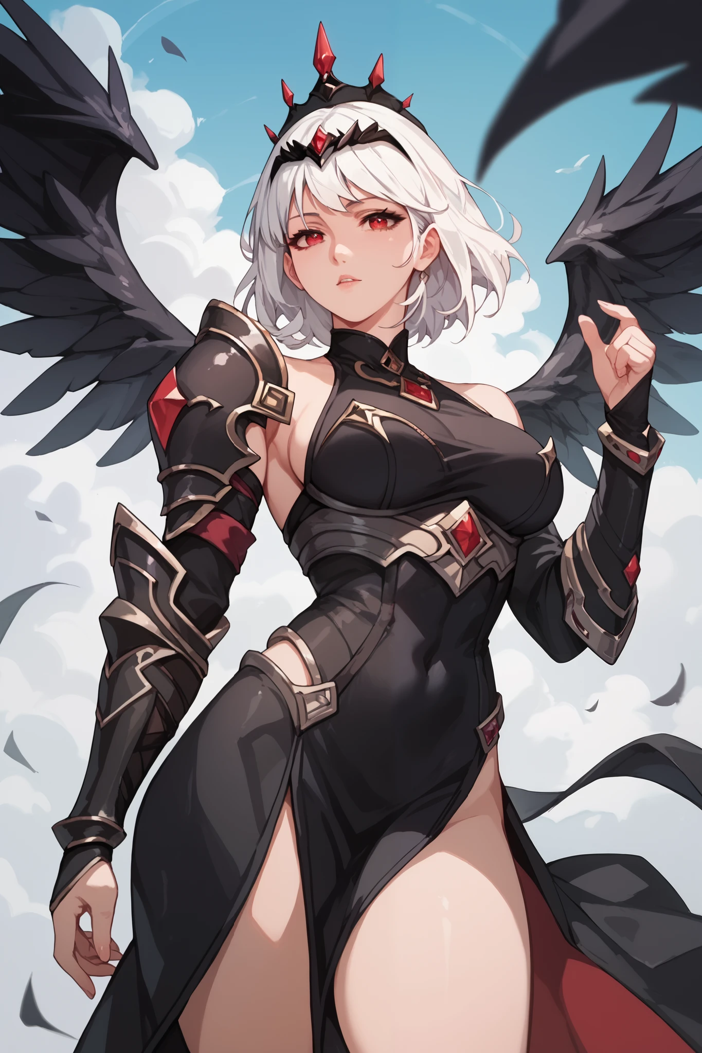 Woman, fair skin, red eyes, white hair, medium hair, black pointed tiara, black armor, anime style ,Wings,Curvy body