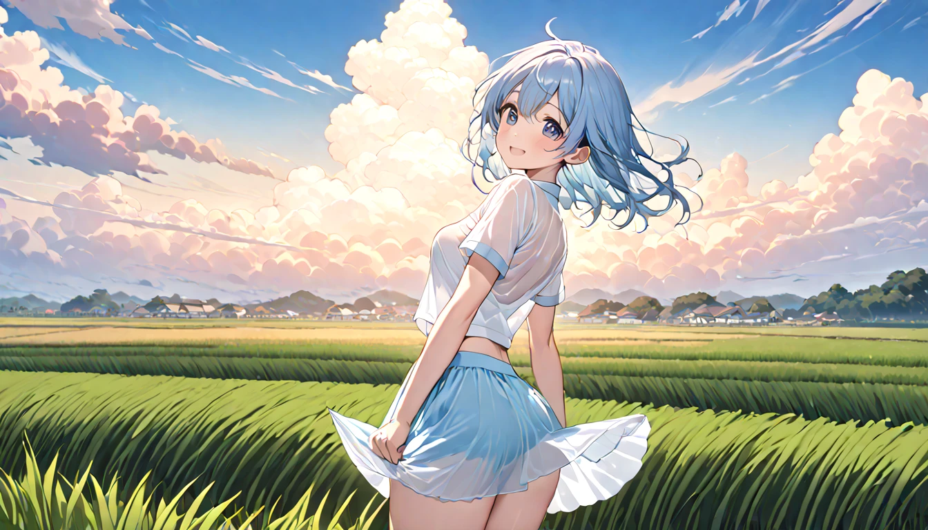  high school girl、 Short-sleeved plain shirt   、  See-through bra　、　 with rice paddies stretching all the way to the horizon 、   lift the skirt with both hands　、　 show panties 　、　I have a light blue miniskirt   、Clear sky and cumulonimbus clouds    、　Daughter of a man