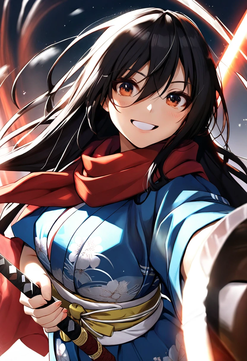 full bpdy, 1girl, solo, strands of hair, eyes visible through hair, cinematic lighting, dynamic shading, long black hair, long bangs, long locks, holding a big claymore, wearing a red scarf, blue kimono, smiling with deeth, dynamic pose, dynamic perspective, white background, fisheye perspective