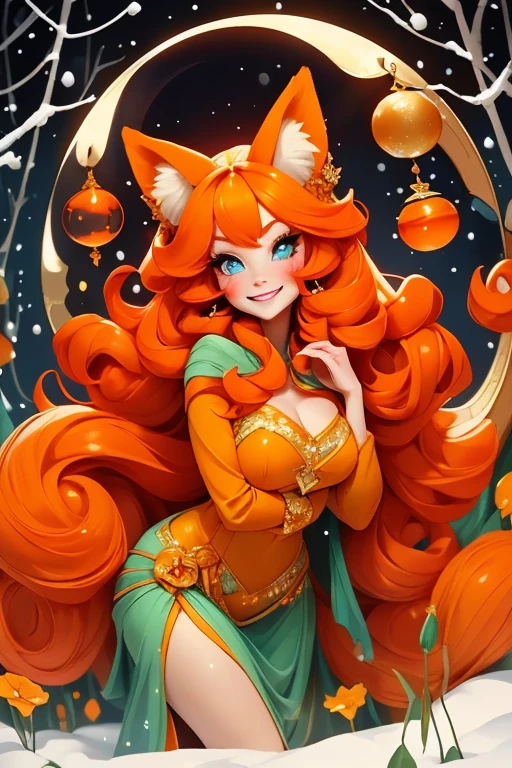 Perfect face. Perfect hands. An orange haired woman with one blue eye and one green eye with an hourglass figure with an orange fox tail and orange fox ears in a pretty winter wonderland dress is smiling while leaning forward in a winter wonderland