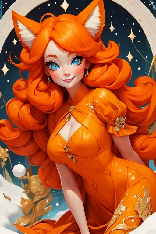 Perfect face. Perfect hands. An orange haired woman with one blue eye and one green eye with an hourglass figure with an orange fox tail and orange fox ears in a pretty winter wonderland dress is smiling while leaning forward in a winter wonderland