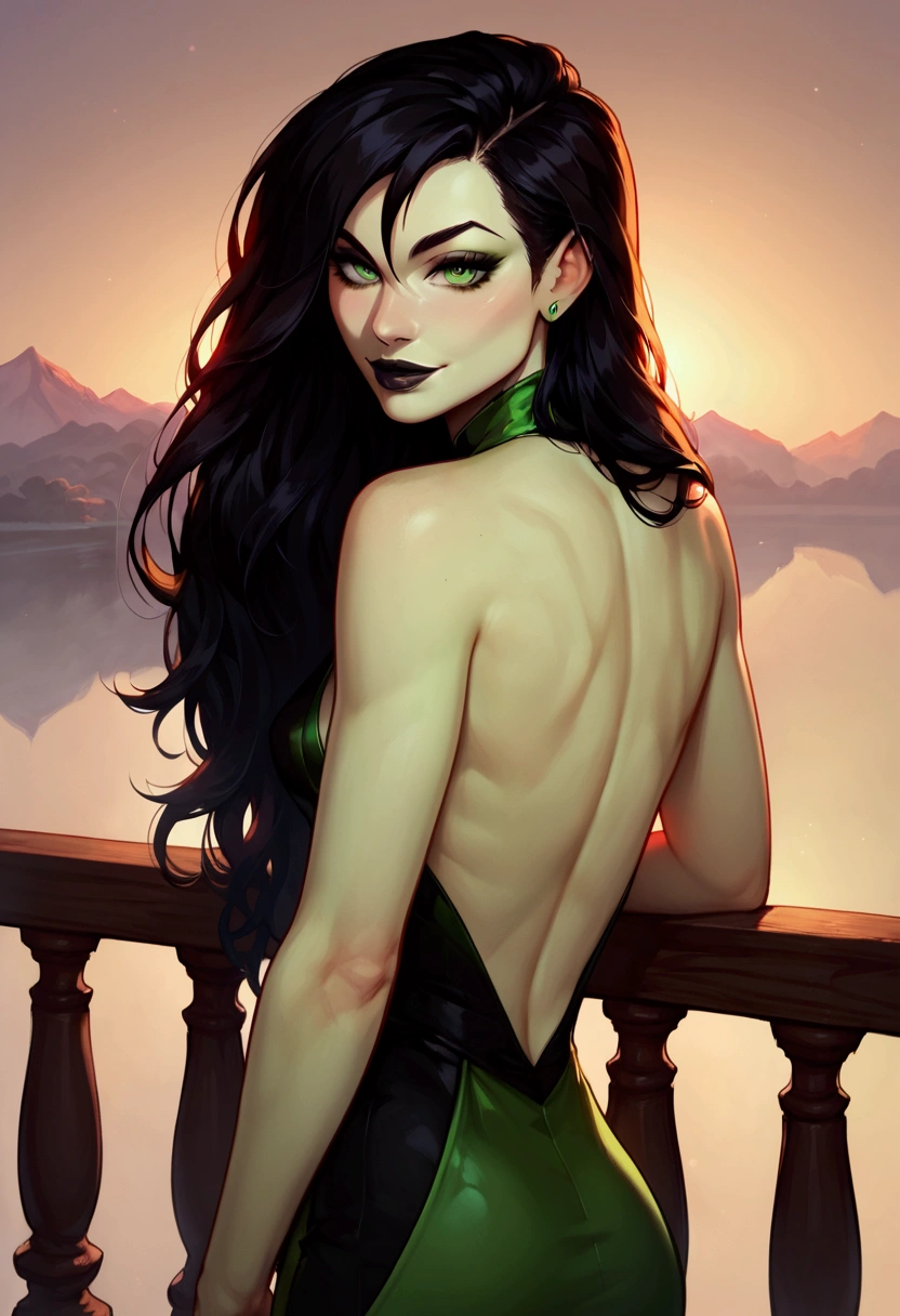 score_9, score_8_up, score_7_up, Shego, 1girl, green eyes, black hair, black lips, medium breasts, half naked, adult, 23 years old, wearing a backless dress, looking at viewer, dynamic pose, seductive pose, seductive smile, flirty smile, detailed face features, beautiful eyes, extremely detailed face, long eyelashes, sexy,looking at viewer, Backless dress, outdoors, high heels, facing viewer, close up, full close up, ballroom, small breasts, arms on balcony