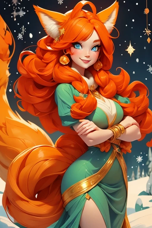 Perfect face. Perfect hands. An orange haired woman with one blue eye and one green eye with an hourglass figure with an orange fox tail and orange fox ears in a pretty winter wonderland dress is smiling while leaning forward in a winter wonderland