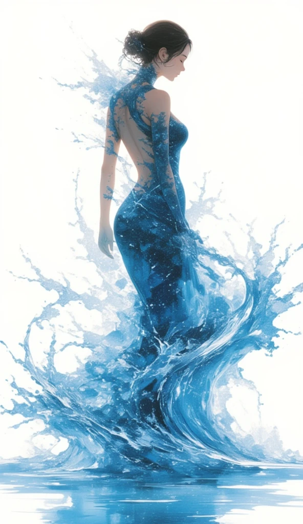 double exposure, a woman dressed in a backless ballroom dress, the dress is made out of water, water wave surrounds the image, the woman closes her eyes and enjoys the serenity