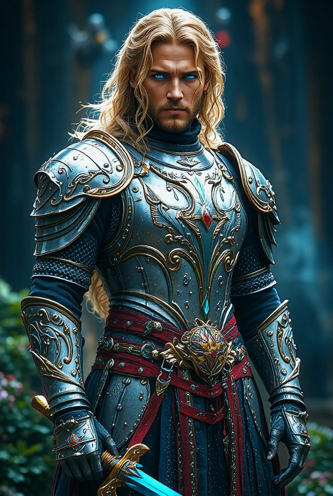 young blond man wearing shiny silver armor with many colors showing his full body muscles
