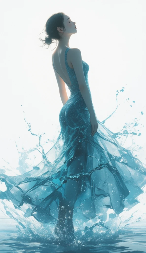 double exposure, a woman dressed in a backless ballroom dress, the dress is made out of water, water wave surrounds the image, the woman closes her eyes and enjoys the serenity