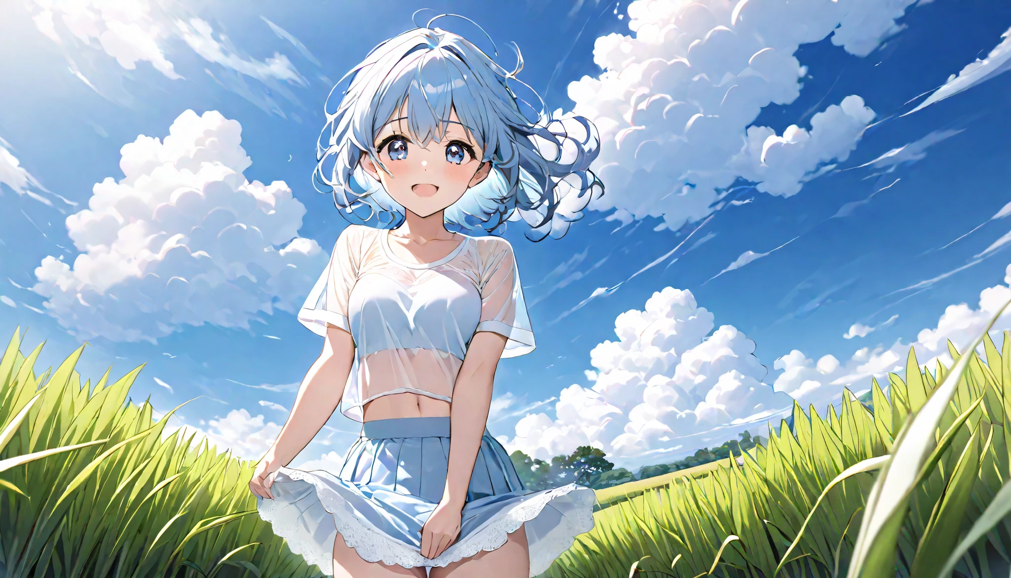  high school girl、 Short-sleeved plain shirt   、  See-through bra　、　 with rice paddies stretching all the way to the horizon 、   lift the skirt with both hands　、　 show panties 　、　I have a light blue miniskirt   、Clear sky and cumulonimbus clouds    、　Daughter of a man