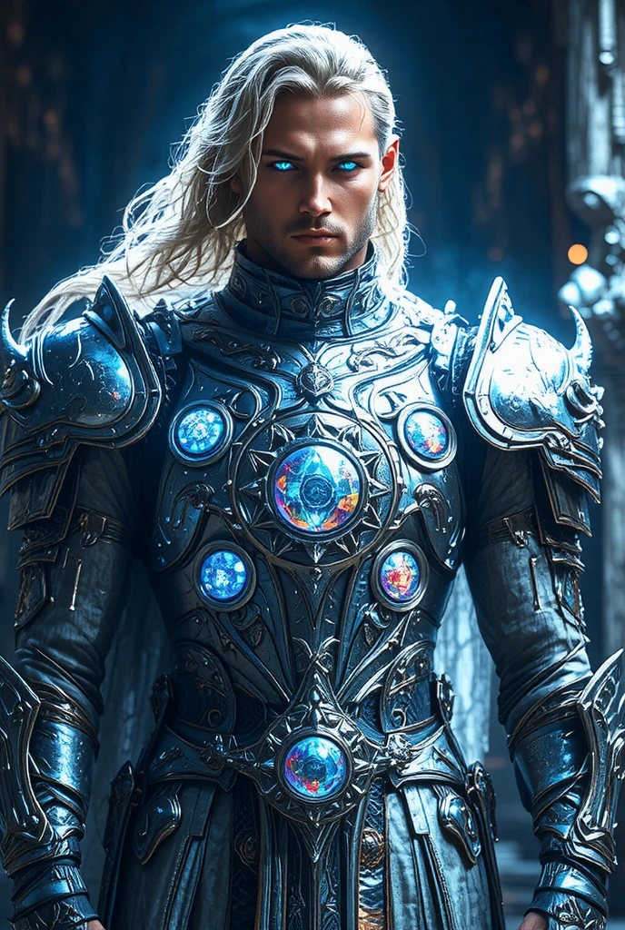 young blond man wearing shiny silver armor with many colors showing his full body muscles, with a beautiful and magical jewel on her chest, fantasy, futurist, aesthetic, magical
